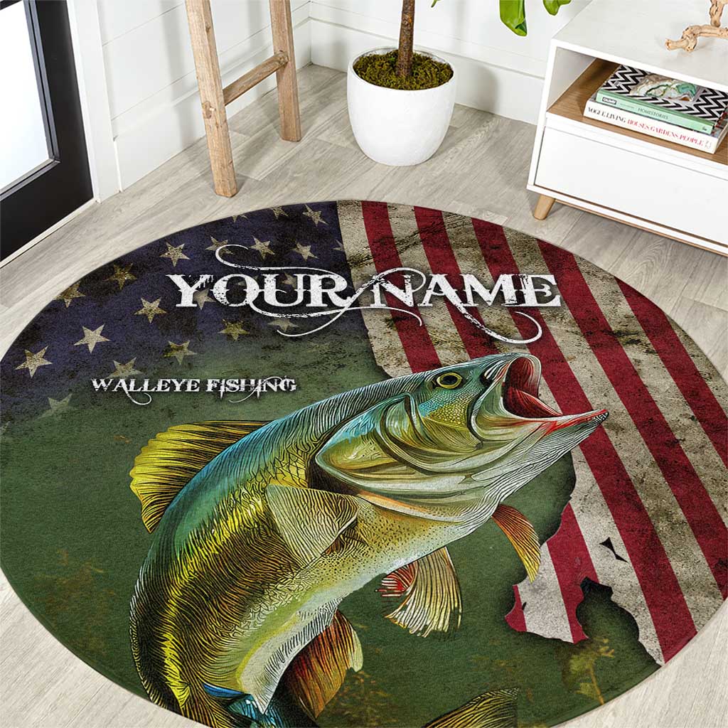 Personalized Walleye Fishing Round Carpet American Flag Background and Green Grunge Style Design - Wonder Print Shop