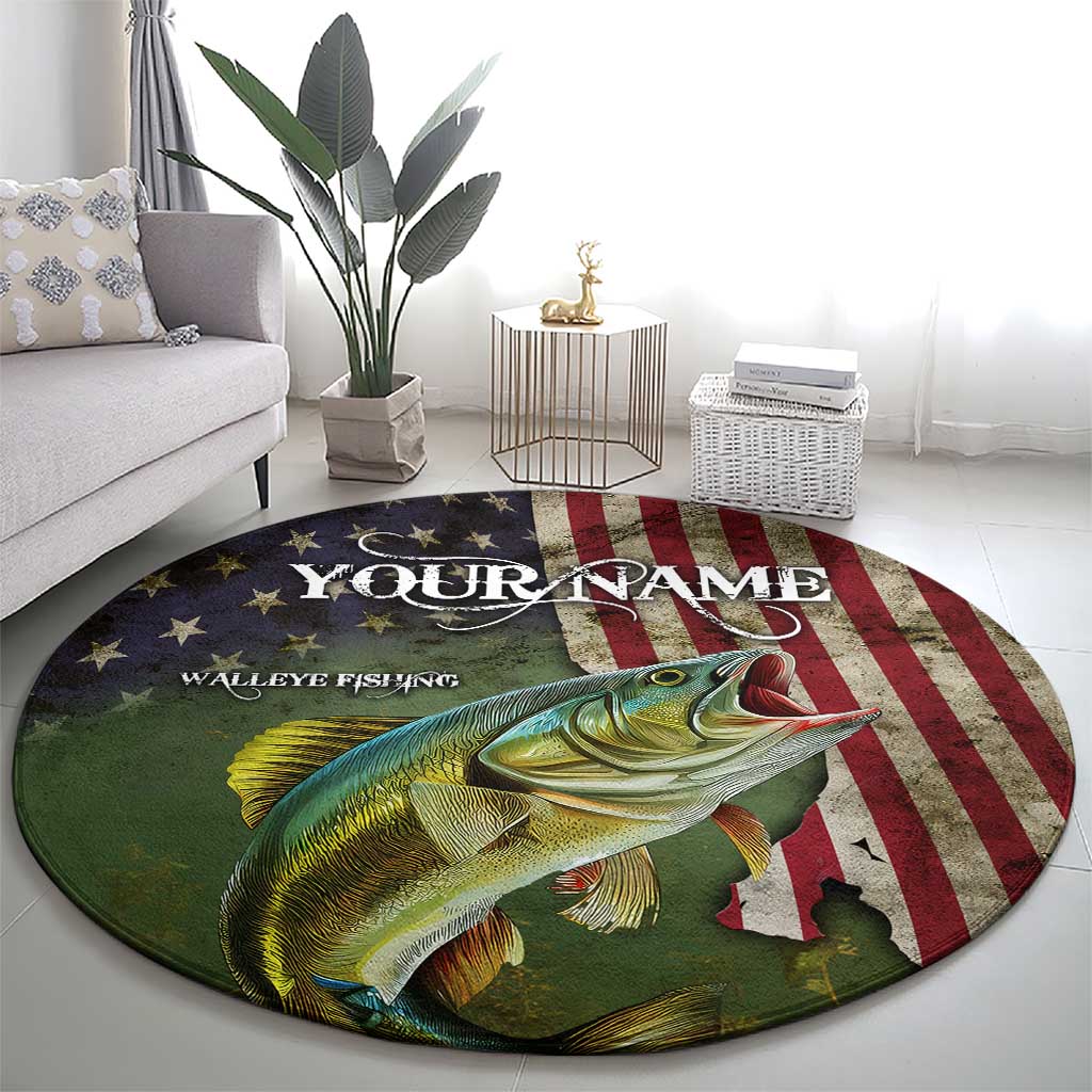 Personalized Walleye Fishing Round Carpet American Flag Background and Green Grunge Style Design - Wonder Print Shop