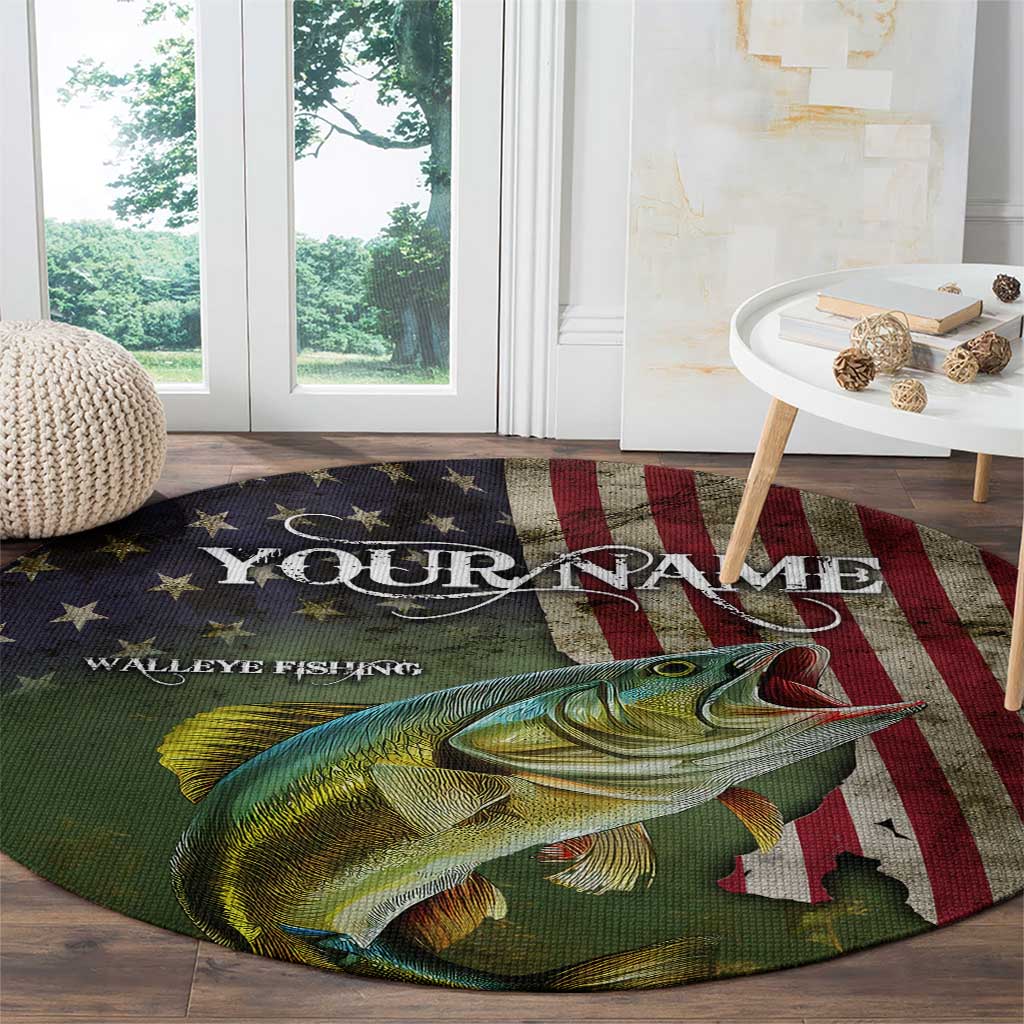 Personalized Walleye Fishing Round Carpet American Flag Background and Green Grunge Style Design - Wonder Print Shop