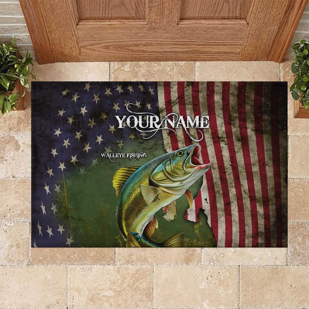 Personalized Walleye Fishing Rubber Doormat American Flag Background and Green Grunge Style Design - Wonder Print Shop