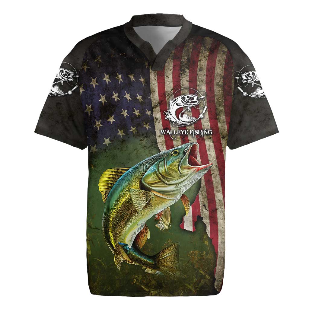 Personalized Walleye Fishing Rugby Jersey American Flag Background and Green Grunge Style Design - Wonder Print Shop