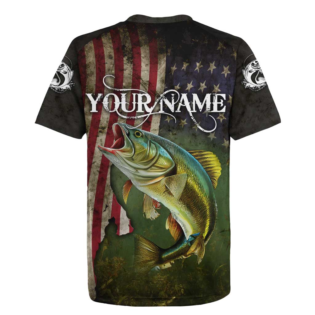 Personalized Walleye Fishing Rugby Jersey American Flag Background and Green Grunge Style Design - Wonder Print Shop
