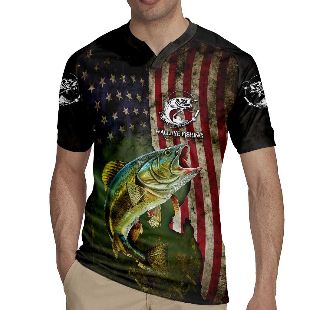 Personalized Walleye Fishing Rugby Jersey American Flag Background and Green Grunge Style Design - Wonder Print Shop