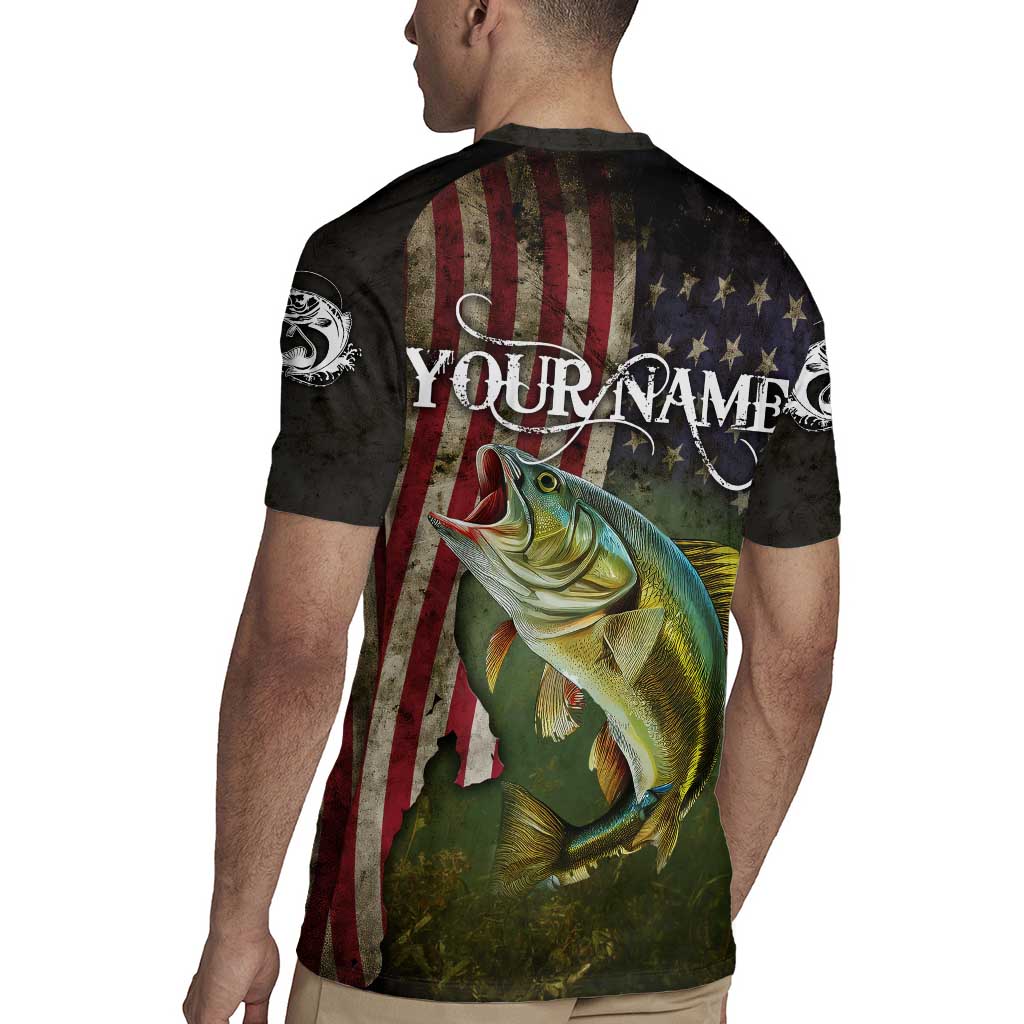 Personalized Walleye Fishing Rugby Jersey American Flag Background and Green Grunge Style Design - Wonder Print Shop