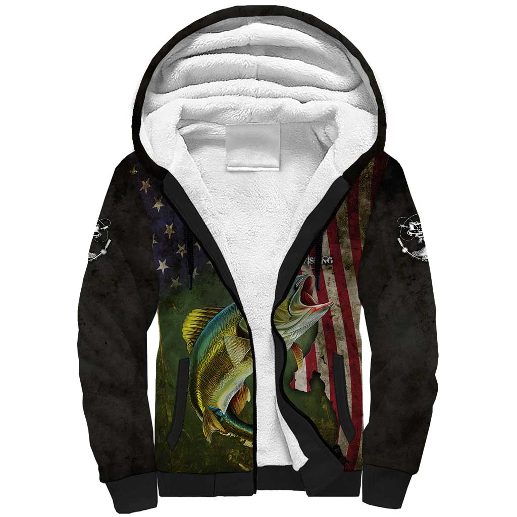 Personalized Walleye Fishing Sherpa Hoodie American Flag Background and Green Grunge Style Design - Wonder Print Shop