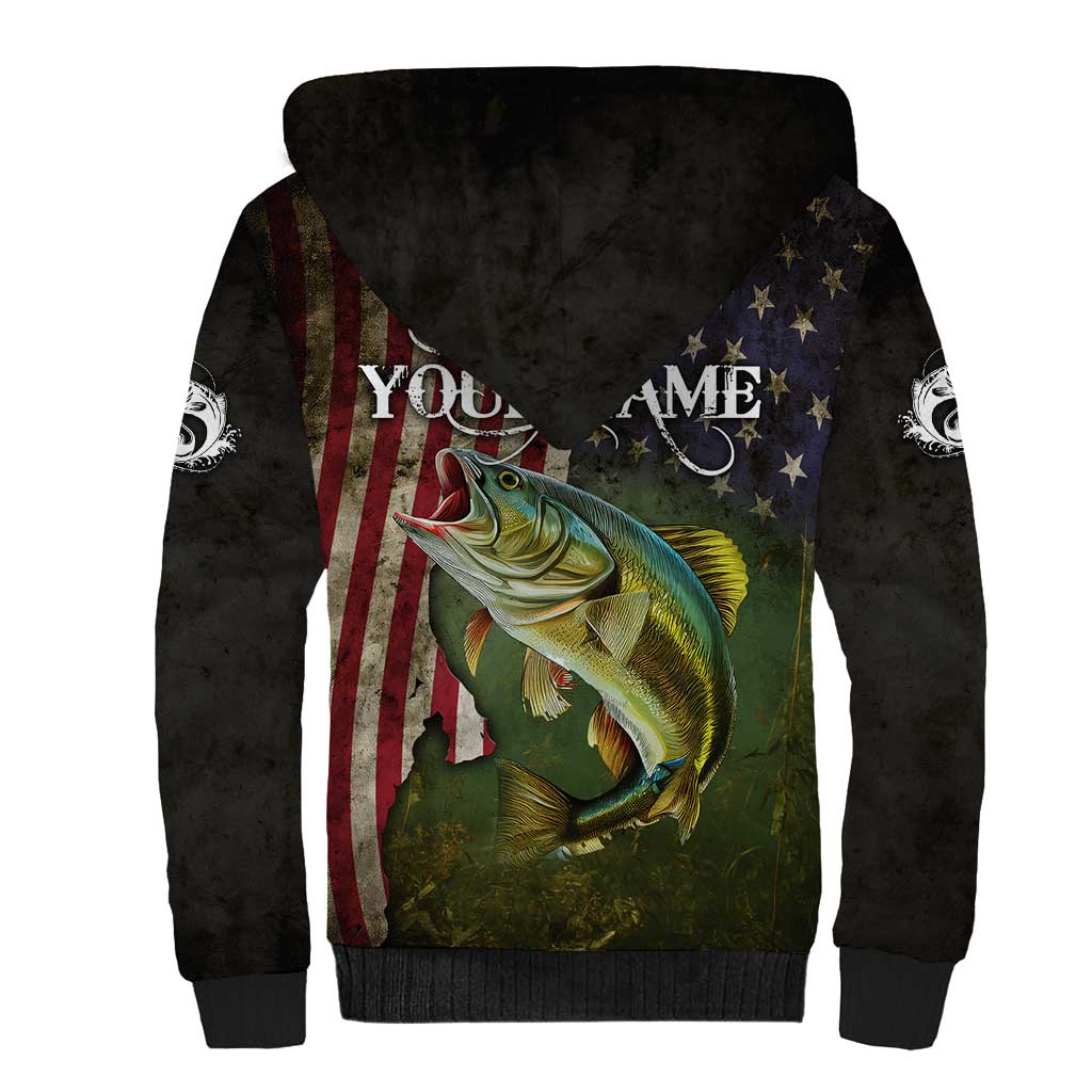 Personalized Walleye Fishing Sherpa Hoodie American Flag Background and Green Grunge Style Design - Wonder Print Shop