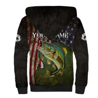 Personalized Walleye Fishing Sherpa Hoodie American Flag Background and Green Grunge Style Design - Wonder Print Shop