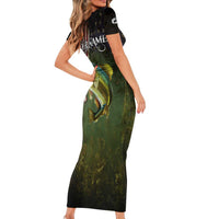Personalized Walleye Fishing Short Sleeve Bodycon Dress American Flag Background and Green Grunge Style Design - Wonder Print Shop