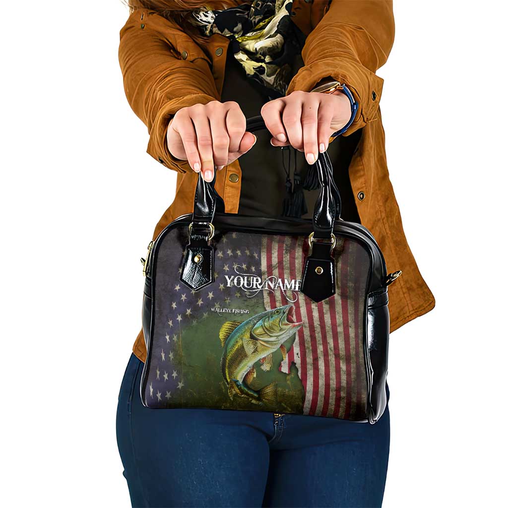 Personalized Walleye Fishing Shoulder Handbag American Flag Background and Green Grunge Style Design - Wonder Print Shop