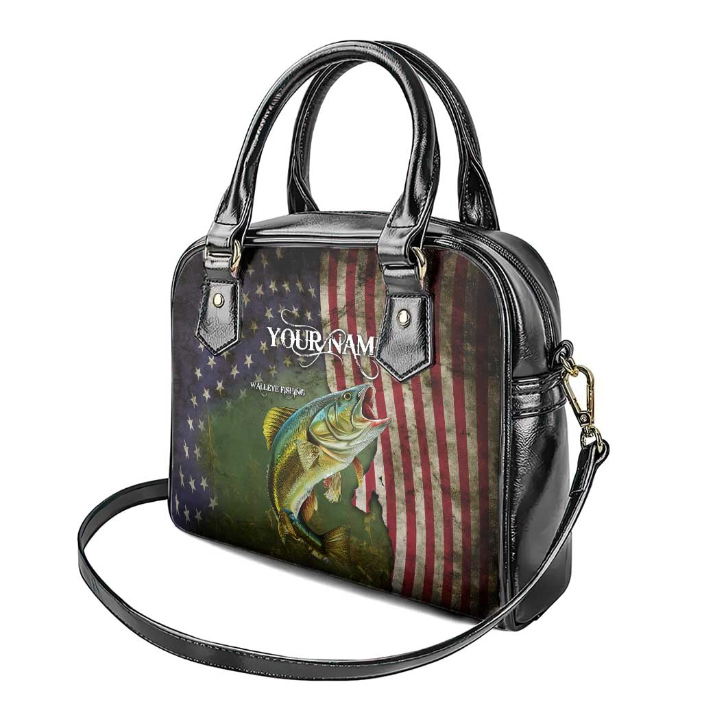 Personalized Walleye Fishing Shoulder Handbag American Flag Background and Green Grunge Style Design - Wonder Print Shop