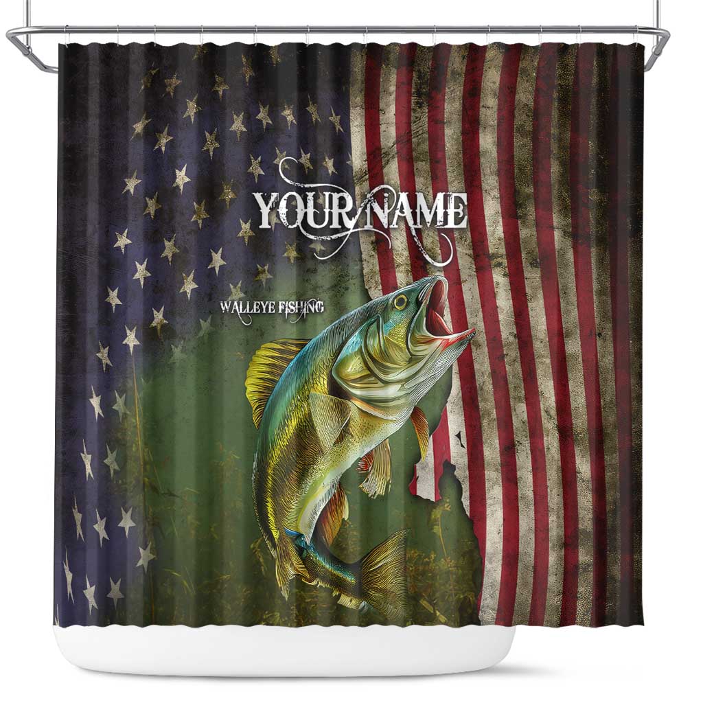 Personalized Walleye Fishing Shower Curtain American Flag Background and Green Grunge Style Design - Wonder Print Shop