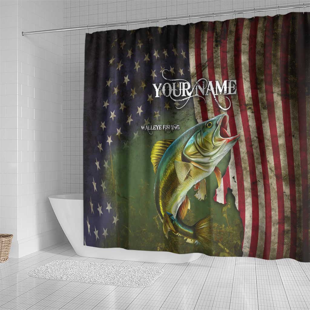 Personalized Walleye Fishing Shower Curtain American Flag Background and Green Grunge Style Design - Wonder Print Shop