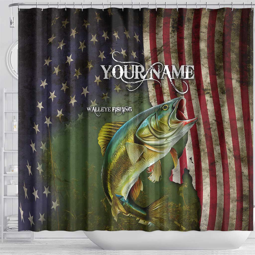 Personalized Walleye Fishing Shower Curtain American Flag Background and Green Grunge Style Design - Wonder Print Shop