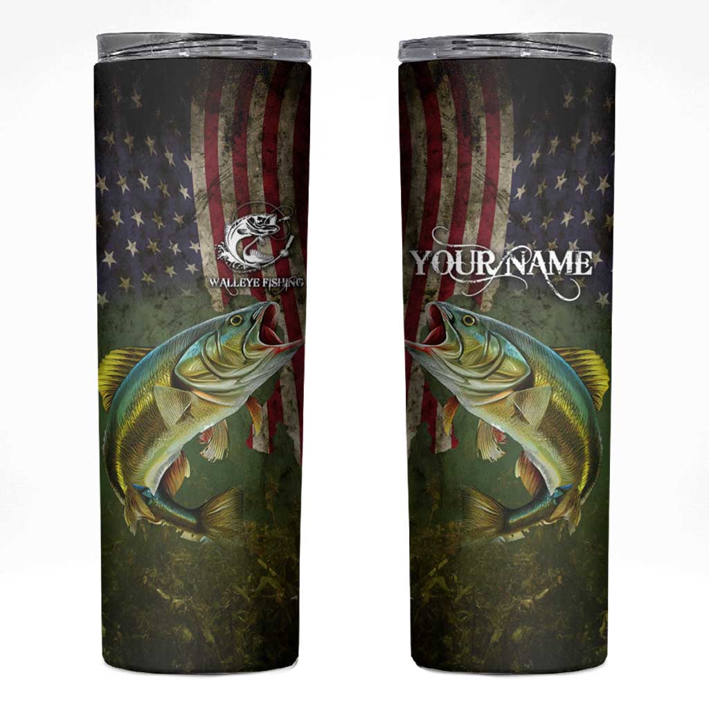 Personalized Walleye Fishing Skinny Tumbler American Flag Background and Green Grunge Style Design - Wonder Print Shop