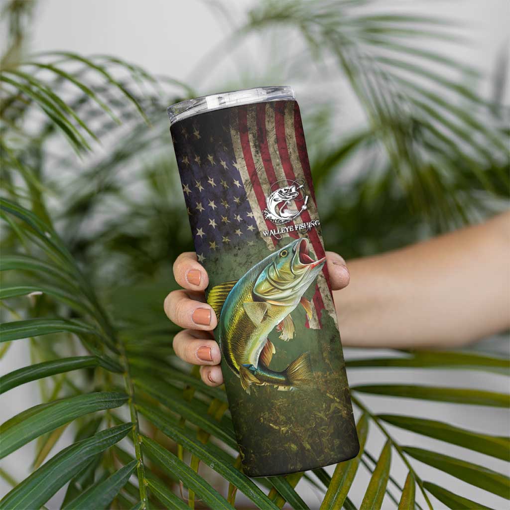 Personalized Walleye Fishing Skinny Tumbler American Flag Background and Green Grunge Style Design - Wonder Print Shop