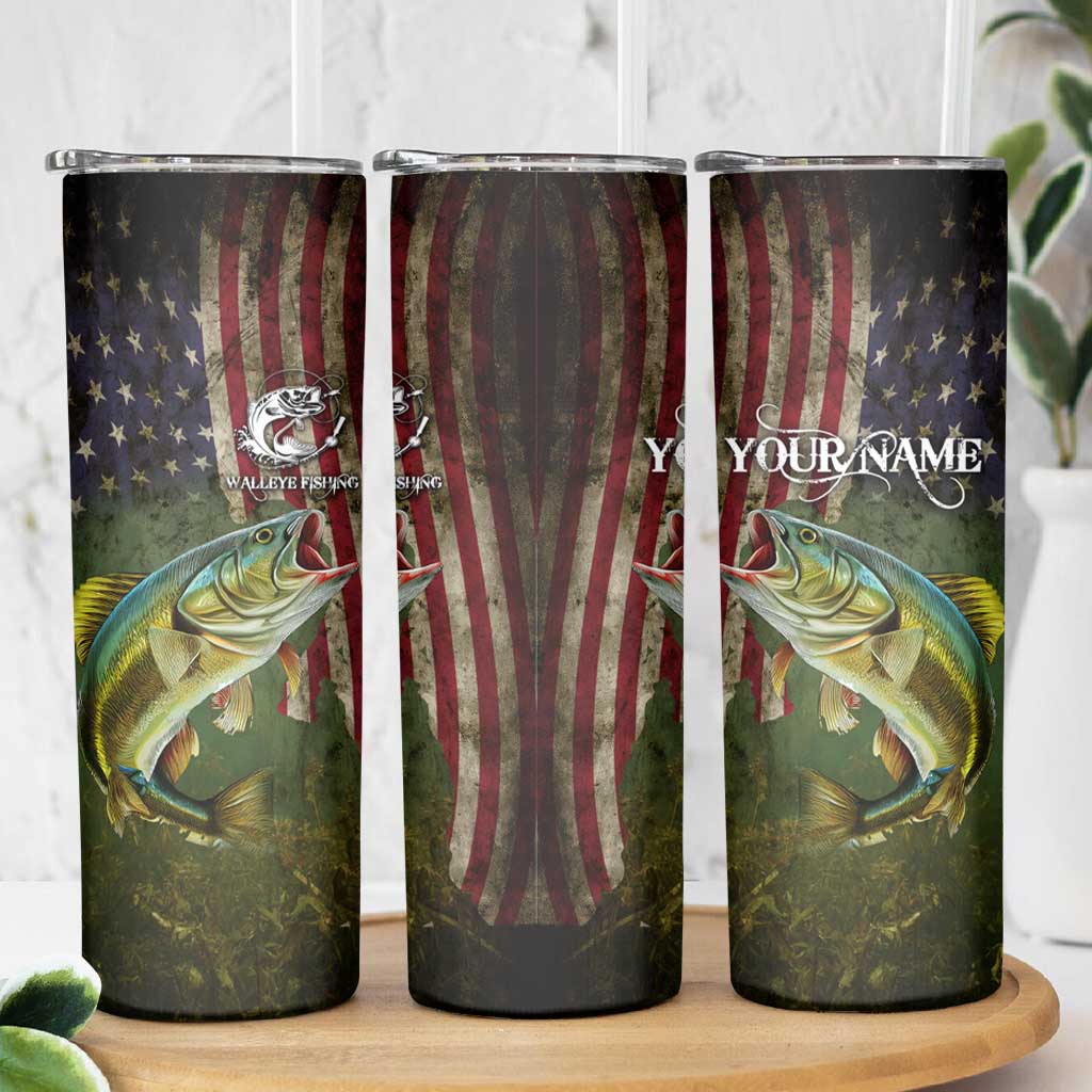 Personalized Walleye Fishing Skinny Tumbler American Flag Background and Green Grunge Style Design - Wonder Print Shop