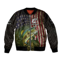 Personalized Walleye Fishing Sleeve Zip Bomber Jacket American Flag Background and Green Grunge Style Design - Wonder Print Shop