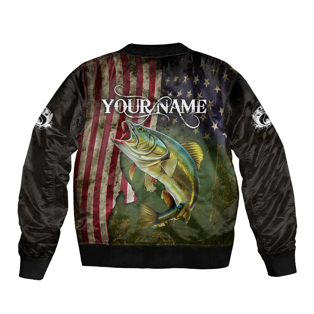 Personalized Walleye Fishing Sleeve Zip Bomber Jacket American Flag Background and Green Grunge Style Design - Wonder Print Shop