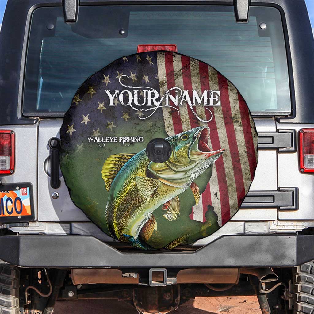 Personalized Walleye Fishing Spare Tire Cover American Flag Background and Green Grunge Style Design - Wonder Print Shop