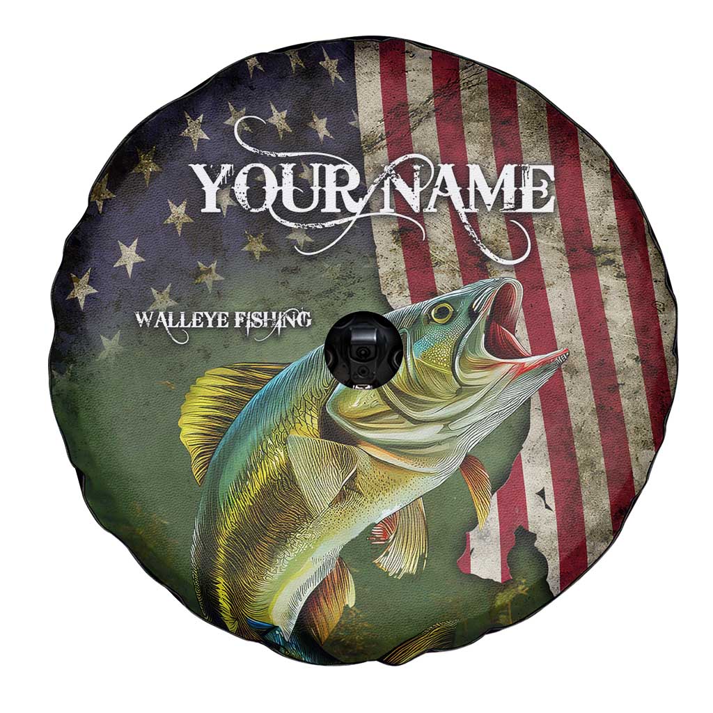 Personalized Walleye Fishing Spare Tire Cover American Flag Background and Green Grunge Style Design - Wonder Print Shop