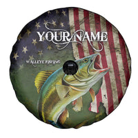 Personalized Walleye Fishing Spare Tire Cover American Flag Background and Green Grunge Style Design - Wonder Print Shop