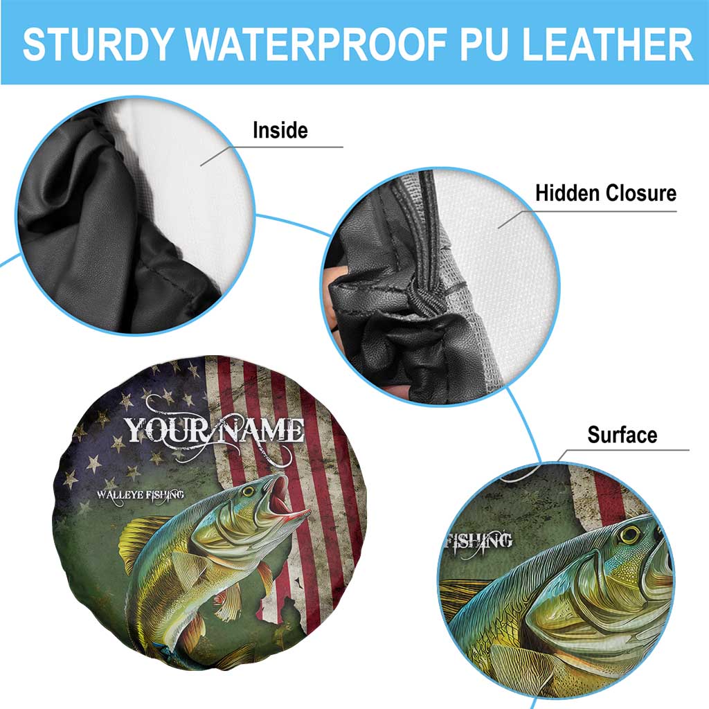 Personalized Walleye Fishing Spare Tire Cover American Flag Background and Green Grunge Style Design - Wonder Print Shop