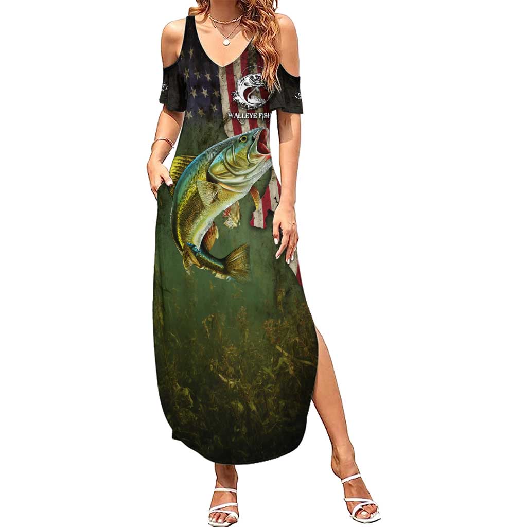 Personalized Walleye Fishing Summer Maxi Dress American Flag Background and Green Grunge Style Design - Wonder Print Shop