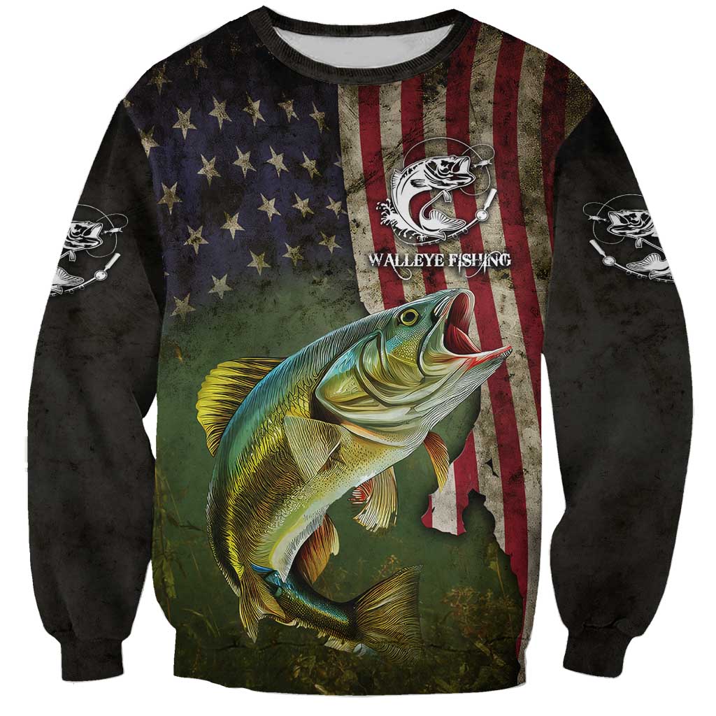 Personalized Walleye Fishing Sweatshirt American Flag Background and Green Grunge Style Design - Wonder Print Shop