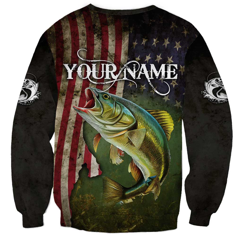 Personalized Walleye Fishing Sweatshirt American Flag Background and Green Grunge Style Design - Wonder Print Shop