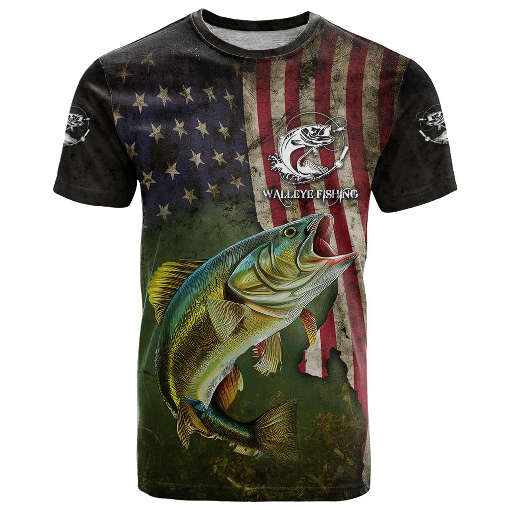 Personalized Walleye Fishing T Shirt American Flag Background and Green Grunge Style Design - Wonder Print Shop