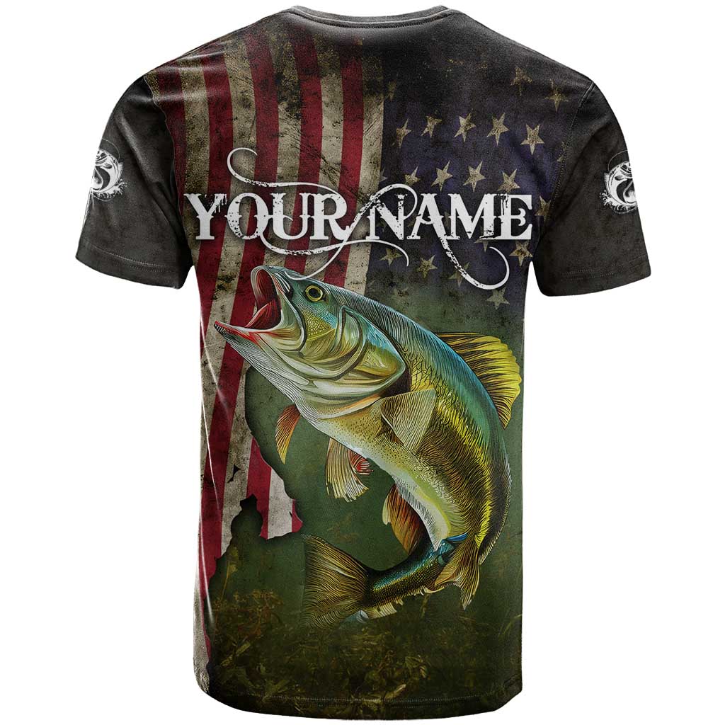 Personalized Walleye Fishing T Shirt American Flag Background and Green Grunge Style Design - Wonder Print Shop