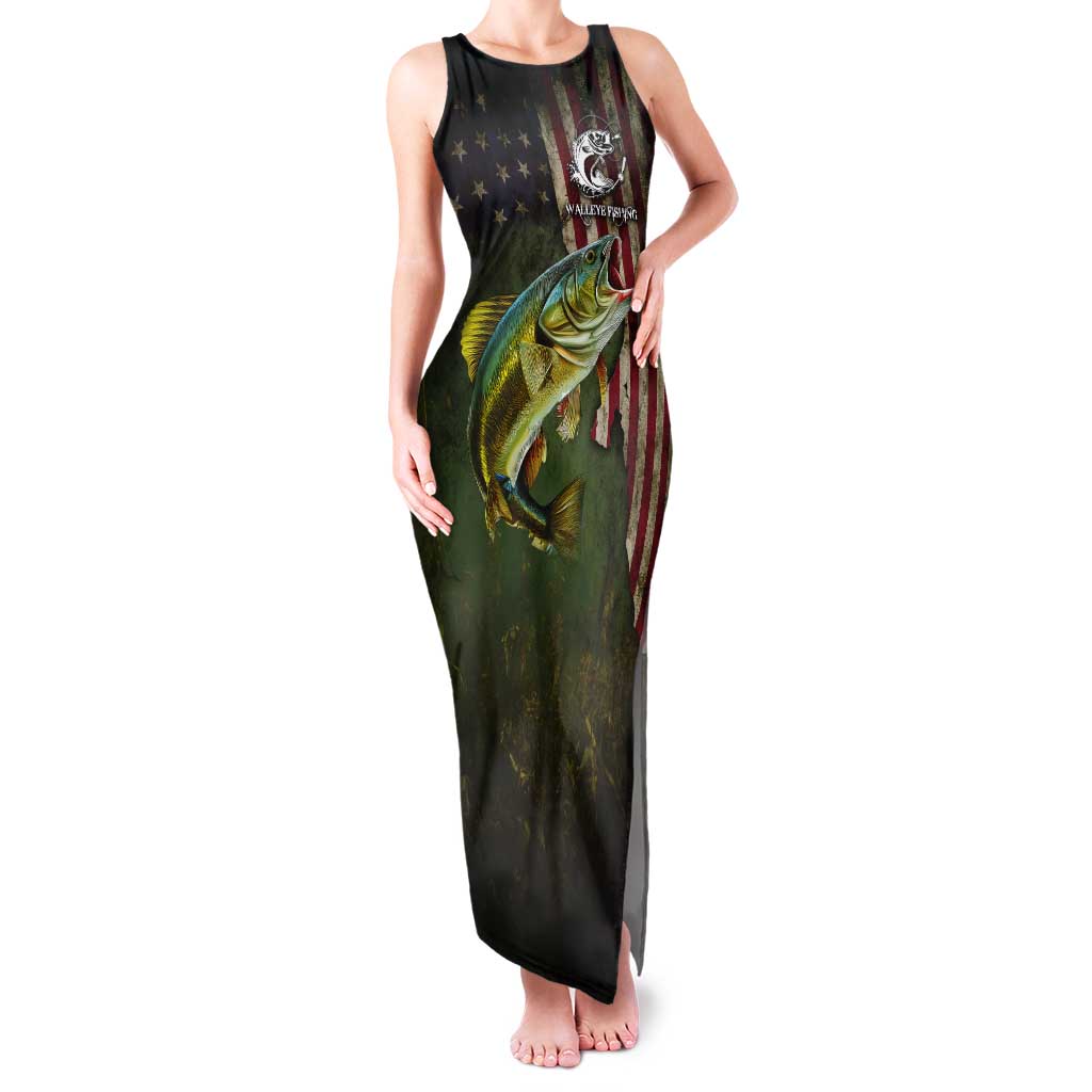 Personalized Walleye Fishing Tank Maxi Dress American Flag Background and Green Grunge Style Design - Wonder Print Shop