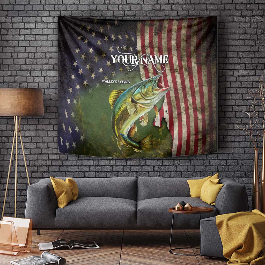 Personalized Walleye Fishing Tapestry American Flag Background and Green Grunge Style Design - Wonder Print Shop