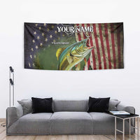 Personalized Walleye Fishing Tapestry American Flag Background and Green Grunge Style Design - Wonder Print Shop