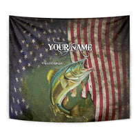 Personalized Walleye Fishing Tapestry American Flag Background and Green Grunge Style Design - Wonder Print Shop