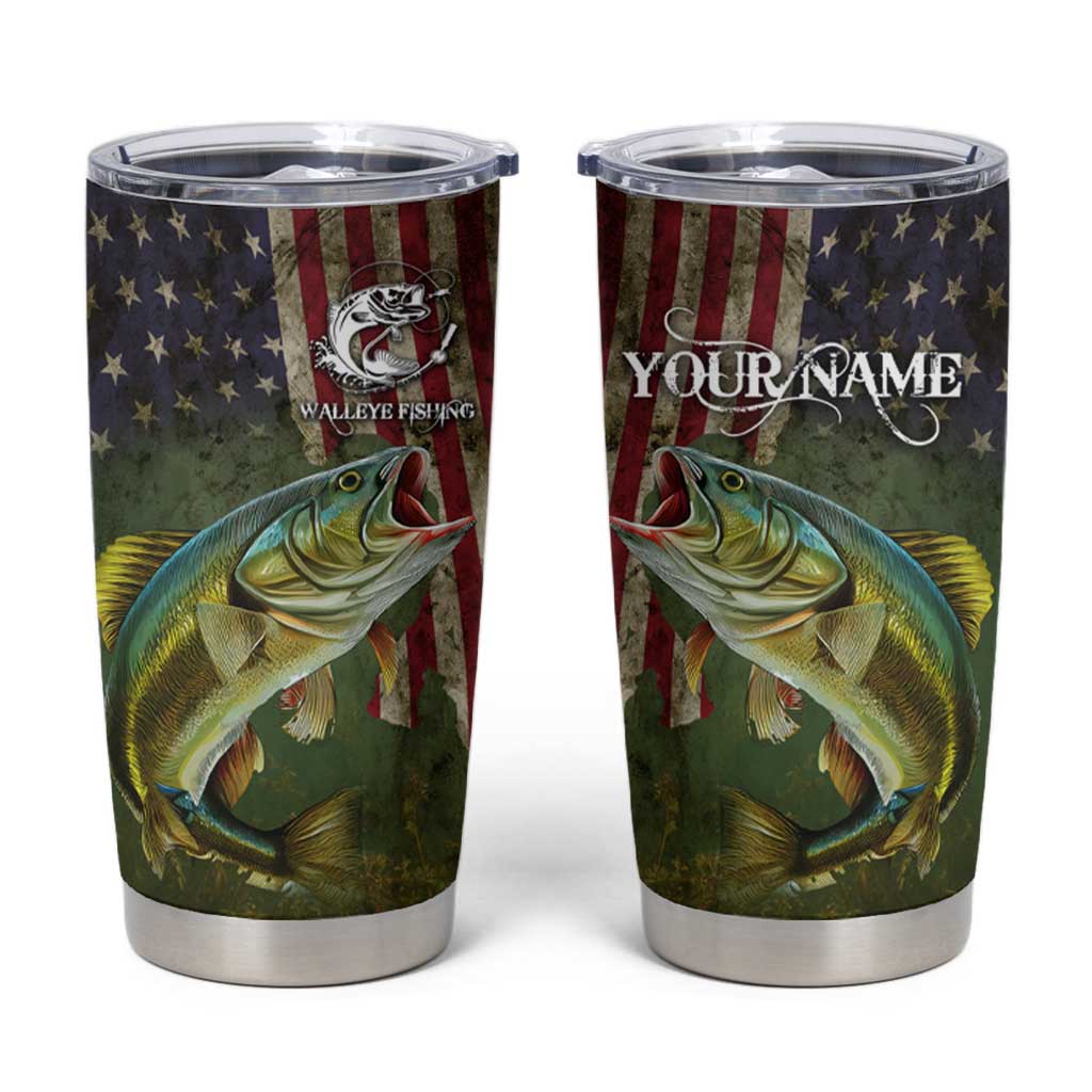Personalized Walleye Fishing Tumbler Cup American Flag Background and Green Grunge Style Design - Wonder Print Shop