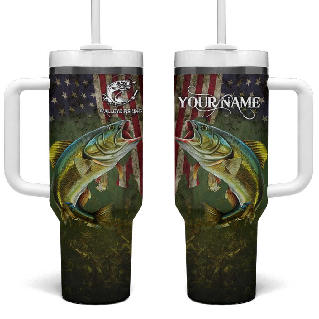 Personalized Walleye Fishing Tumbler With Handle American Flag Background and Green Grunge Style Design - Wonder Print Shop