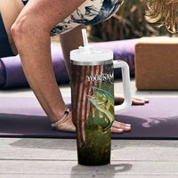 Personalized Walleye Fishing Tumbler With Handle American Flag Background and Green Grunge Style Design - Wonder Print Shop
