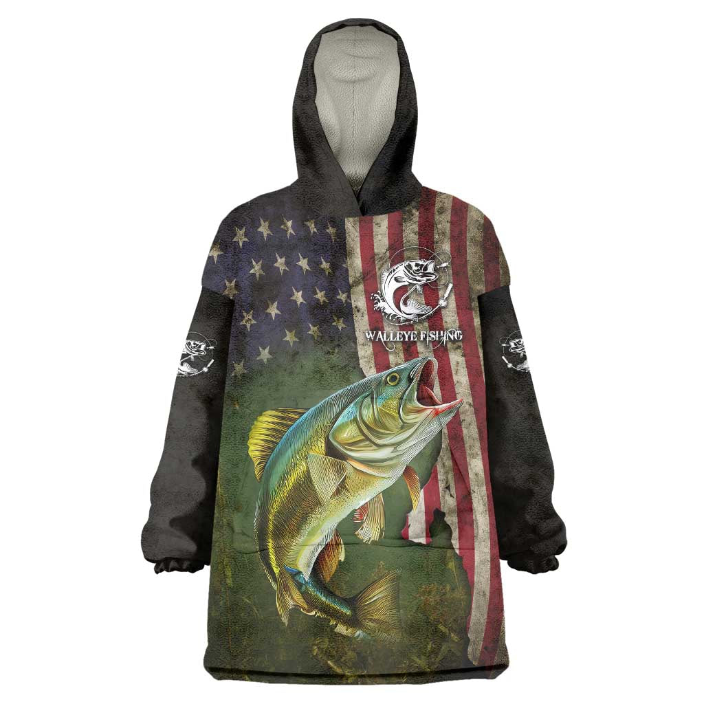 Personalized Walleye Fishing Wearable Blanket Hoodie American Flag Background and Green Grunge Style Design - Wonder Print Shop