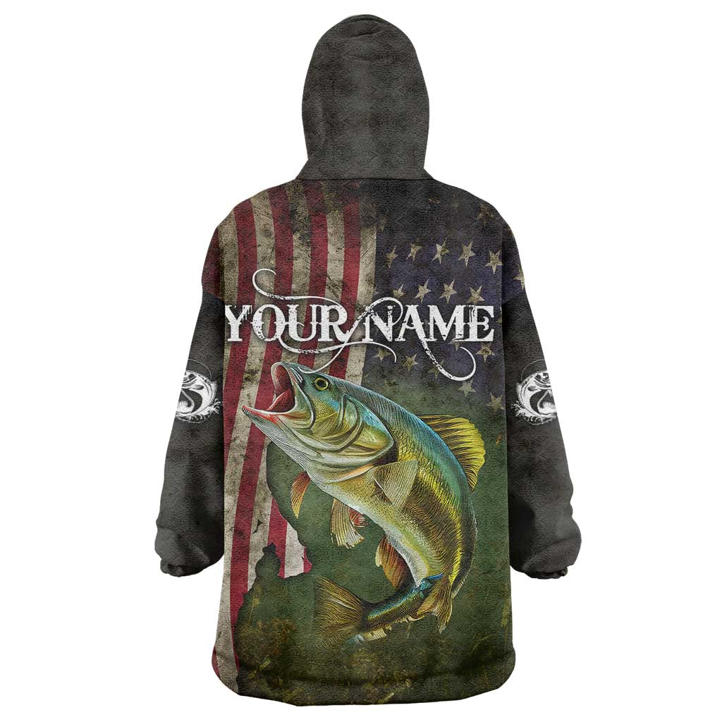 Personalized Walleye Fishing Wearable Blanket Hoodie American Flag Background and Green Grunge Style Design - Wonder Print Shop
