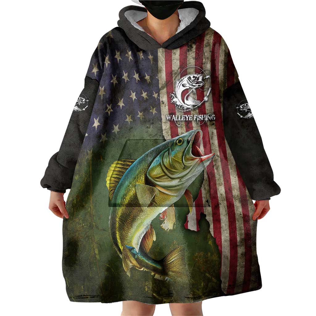 Personalized Walleye Fishing Wearable Blanket Hoodie American Flag Background and Green Grunge Style Design - Wonder Print Shop