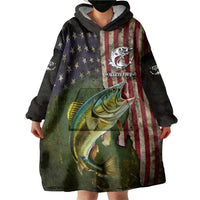 Personalized Walleye Fishing Wearable Blanket Hoodie American Flag Background and Green Grunge Style Design - Wonder Print Shop