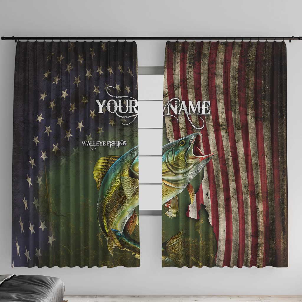 Personalized Walleye Fishing Window Curtain American Flag Background and Green Grunge Style Design - Wonder Print Shop