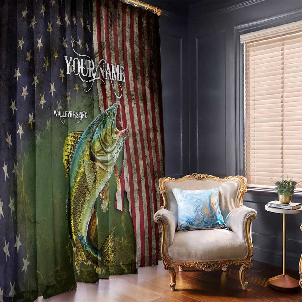 Personalized Walleye Fishing Window Curtain American Flag Background and Green Grunge Style Design - Wonder Print Shop