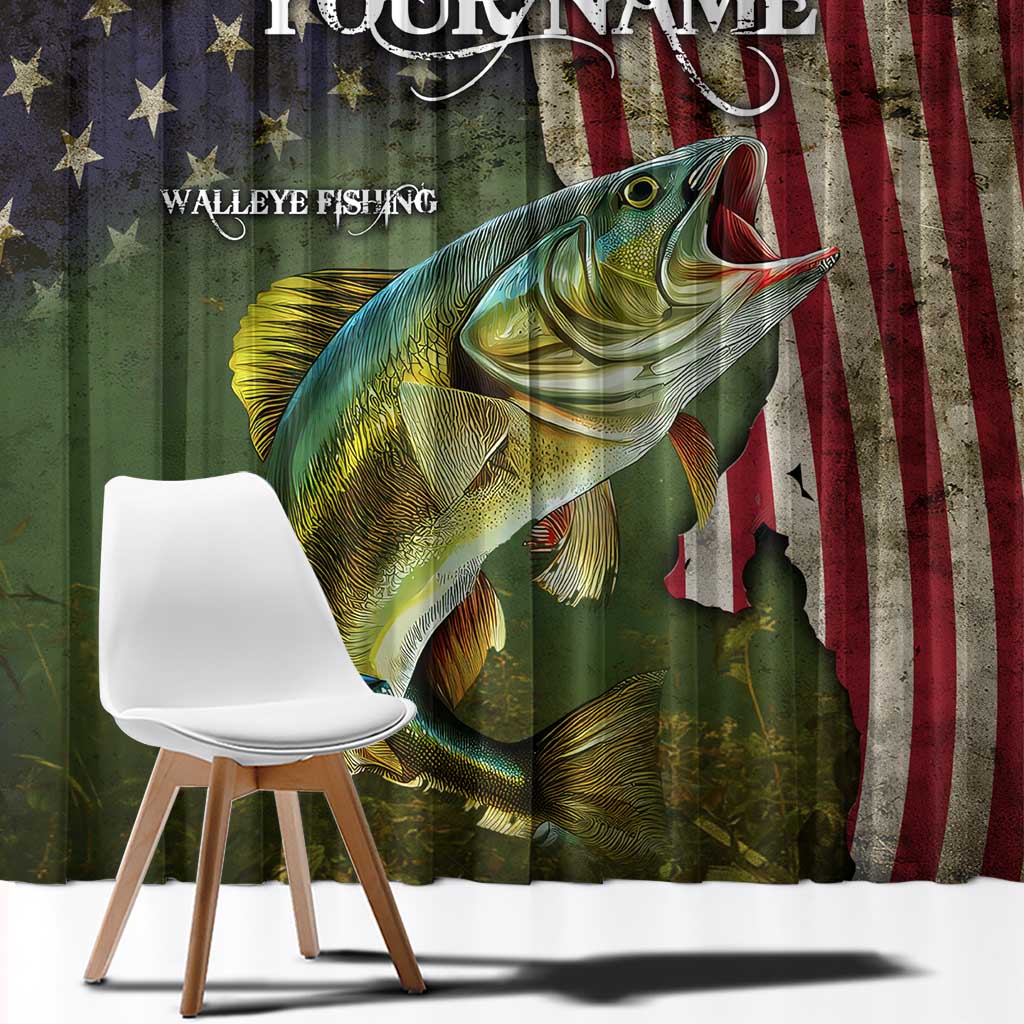 Personalized Walleye Fishing Window Curtain American Flag Background and Green Grunge Style Design - Wonder Print Shop