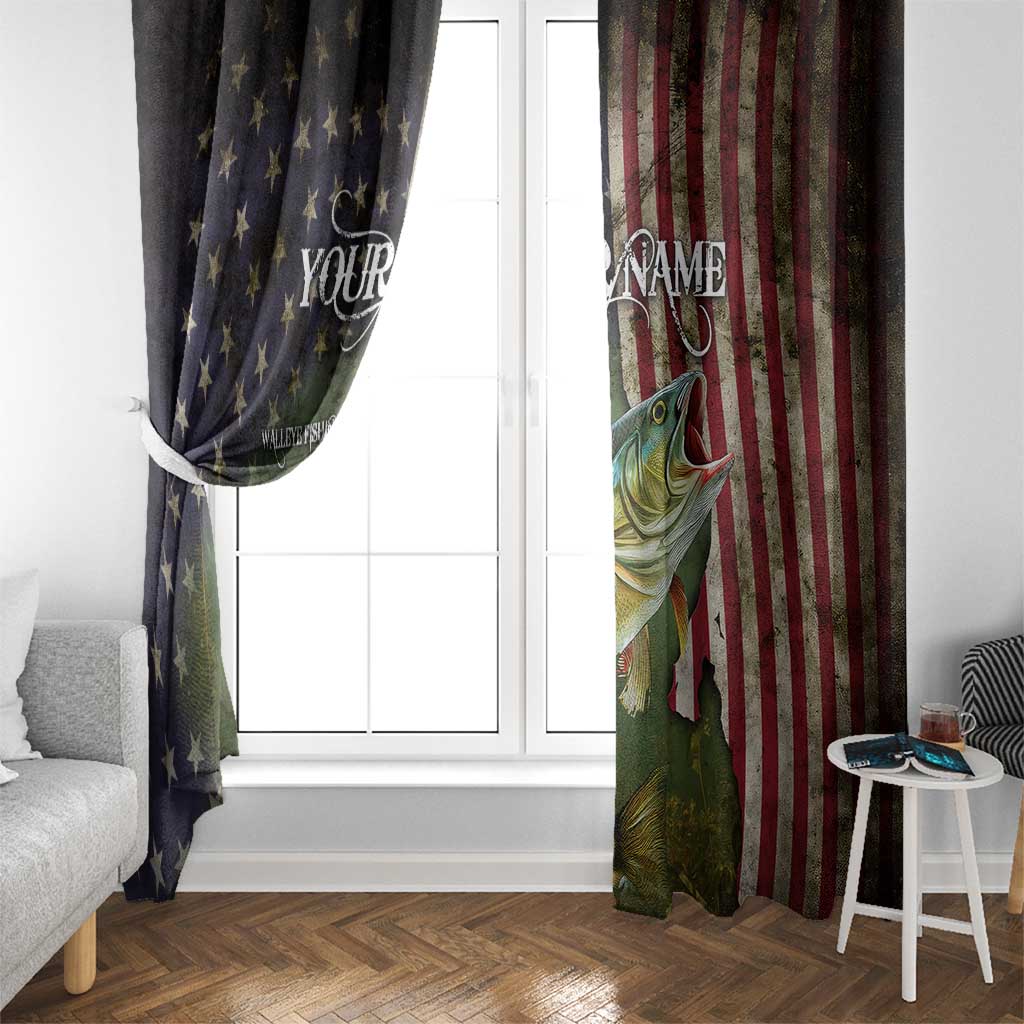 Personalized Walleye Fishing Window Curtain American Flag Background and Green Grunge Style Design - Wonder Print Shop