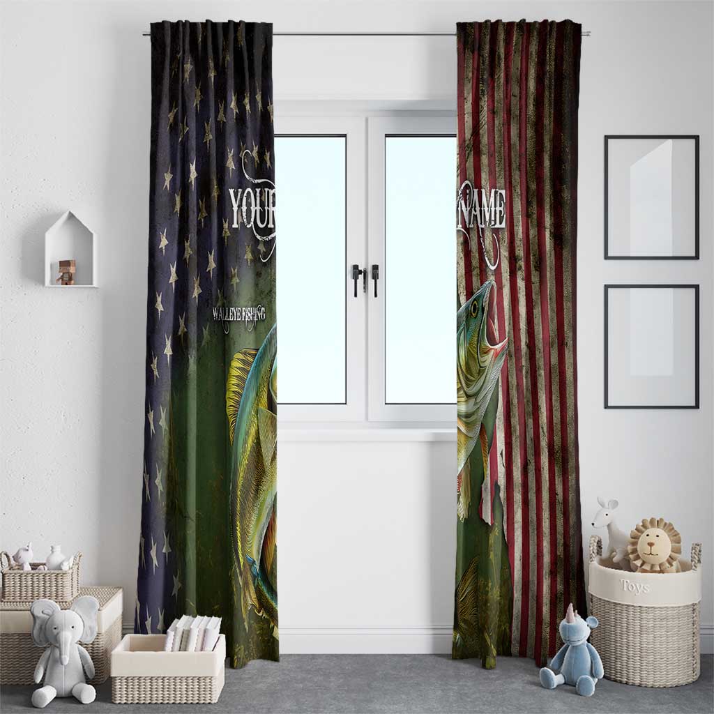 Personalized Walleye Fishing Window Curtain American Flag Background and Green Grunge Style Design - Wonder Print Shop
