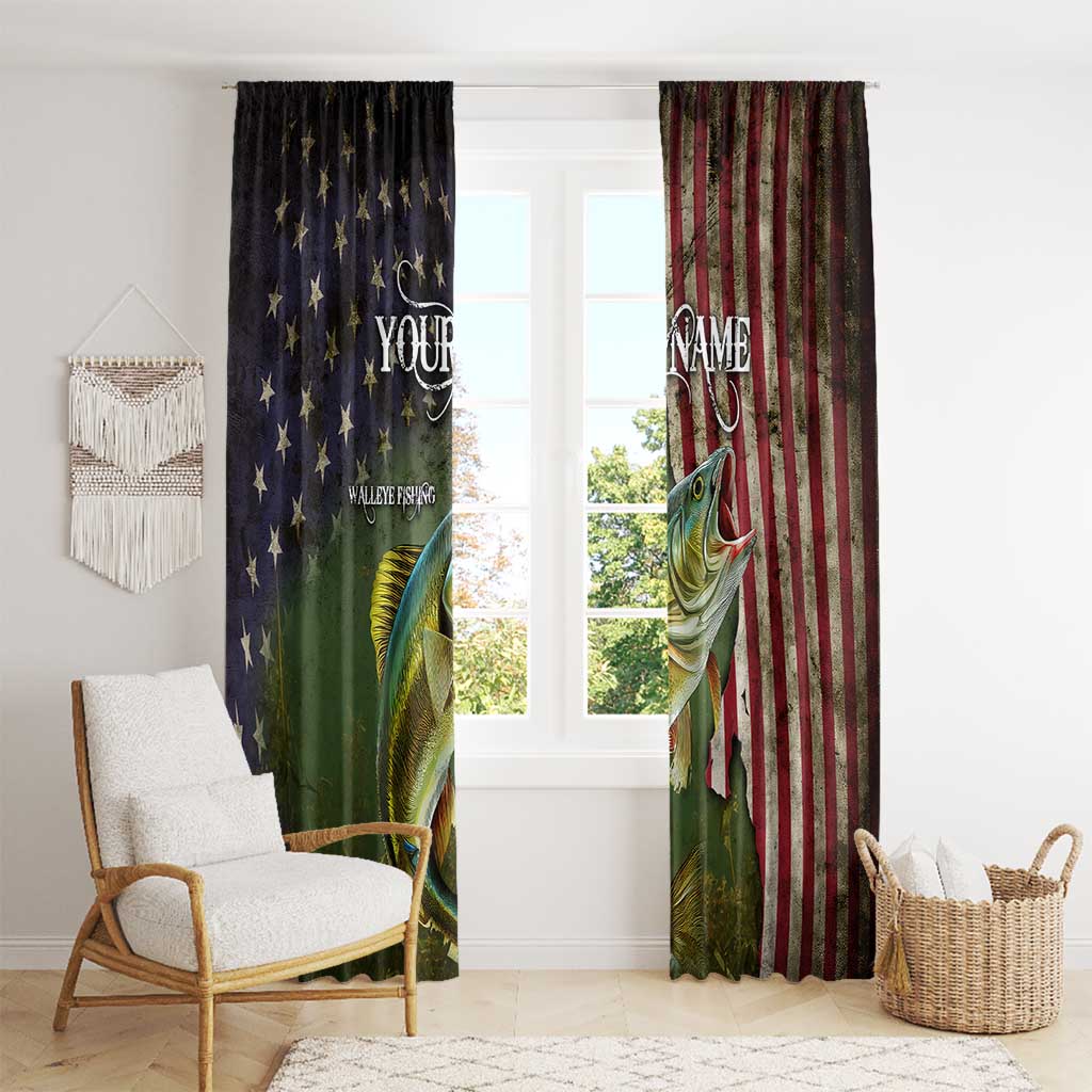 Personalized Walleye Fishing Window Curtain American Flag Background and Green Grunge Style Design - Wonder Print Shop