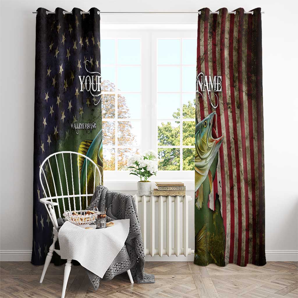 Personalized Walleye Fishing Window Curtain American Flag Background and Green Grunge Style Design - Wonder Print Shop