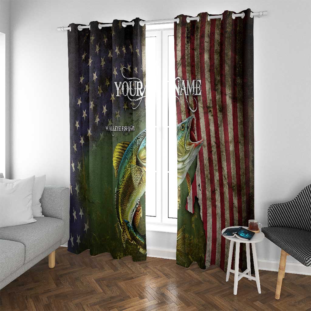 Personalized Walleye Fishing Window Curtain American Flag Background and Green Grunge Style Design - Wonder Print Shop